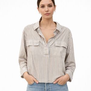 Max Studio Blouse Womens Medium Beige Stripe Collared Long Sleeve Tunic Top